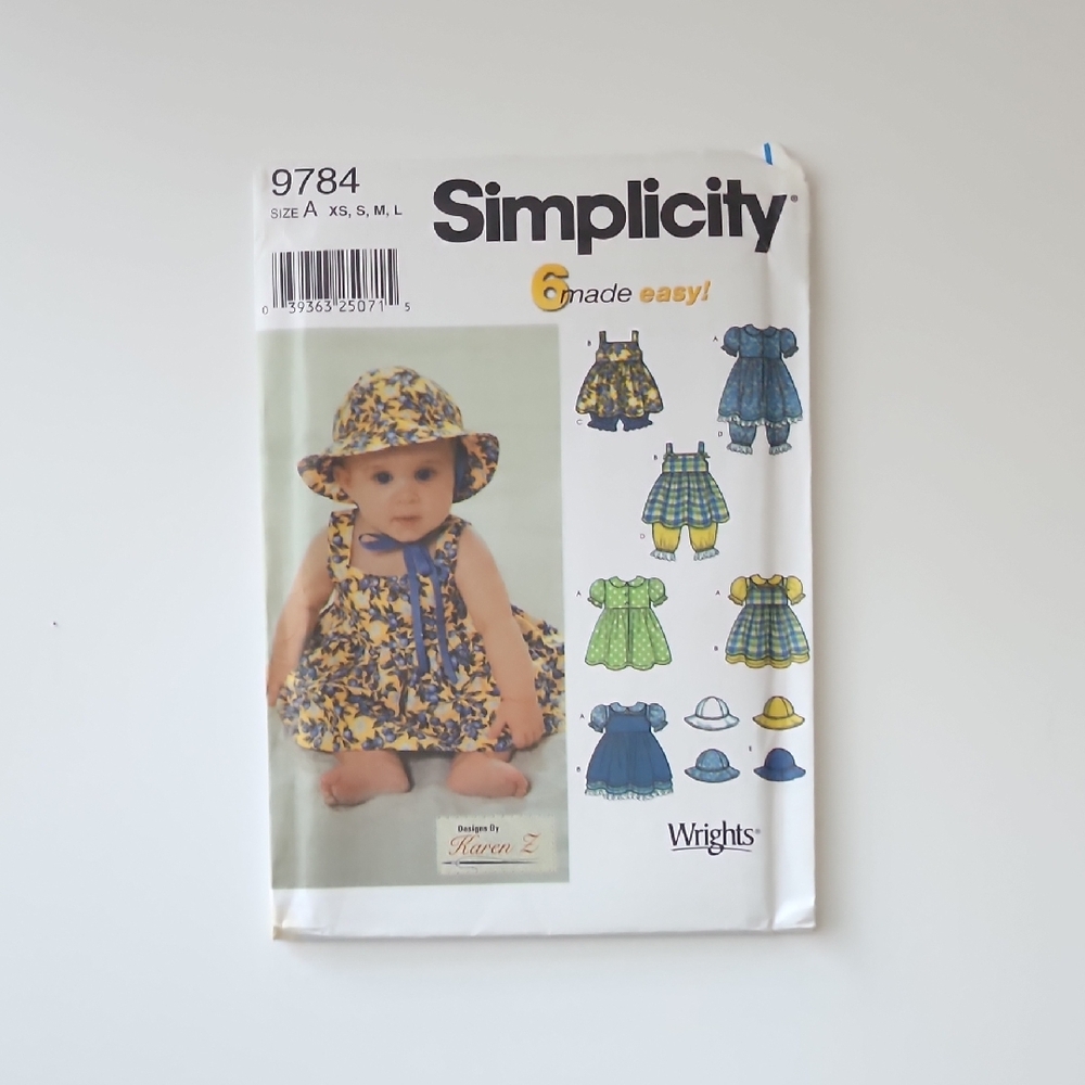 Simplicity 9784 Baby Infant Dress Pantaloons Hat Sewing Pattern Sz. XS-LG UNCUT